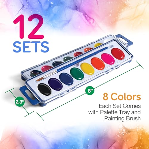 Watercolor Paint Sets for Kids - Bulk Pack, 8 Washable Water Color Paints in Palette Tray and Painting Brush for Coloring, Art, Party Favors, Classrooms and Paint Party Supplies